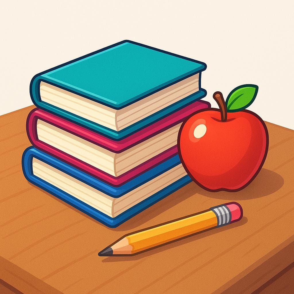 A stack of colorful school books next to a bright red apple and a yellow pencil, symbolizing an academic term or session.