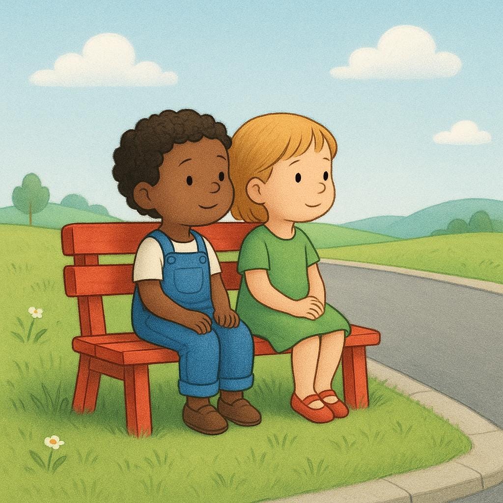 Two small children are sitting patiently side-by-side on a bright red wooden bench next to an empty, winding road, looking into the distance with anticipation.