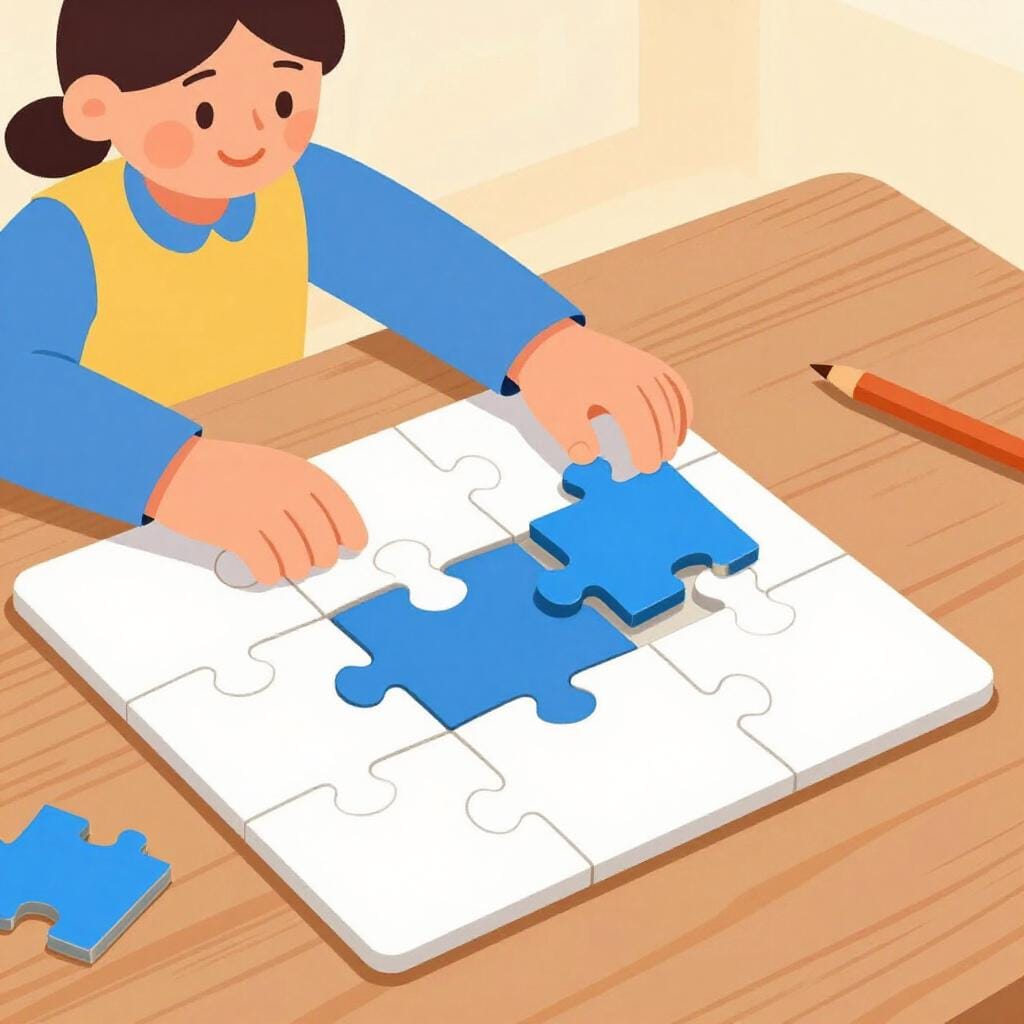 A person successfully fitting the final piece into a large, complex jigsaw puzzle.