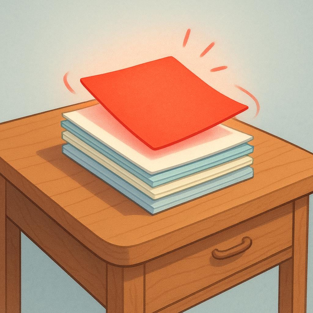 A simple wooden desk with a stack of papers. One paper on top is glowing bright red and has steam rising from it, visually symbolizing an urgent matter that needs immediate attention.