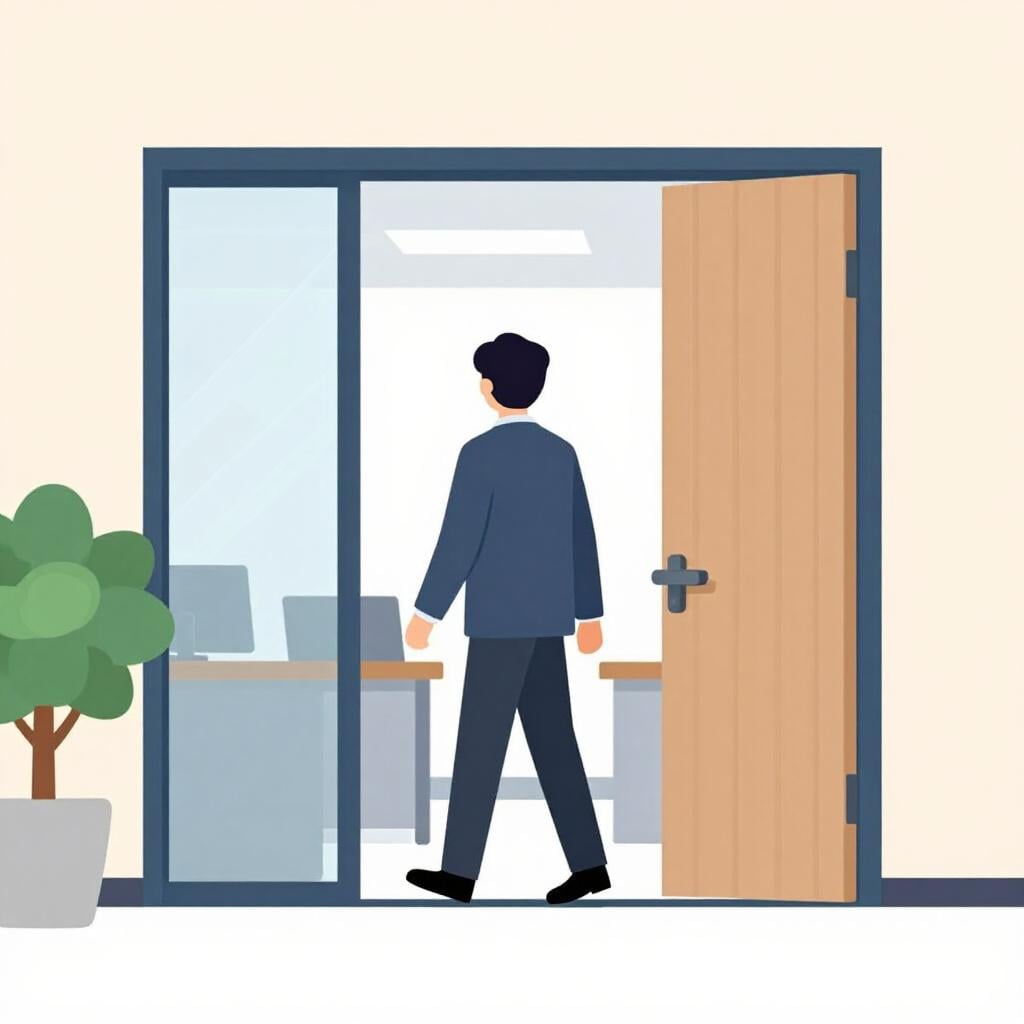 A person wearing a professional suit shaking hands while stepping into a bright new office.