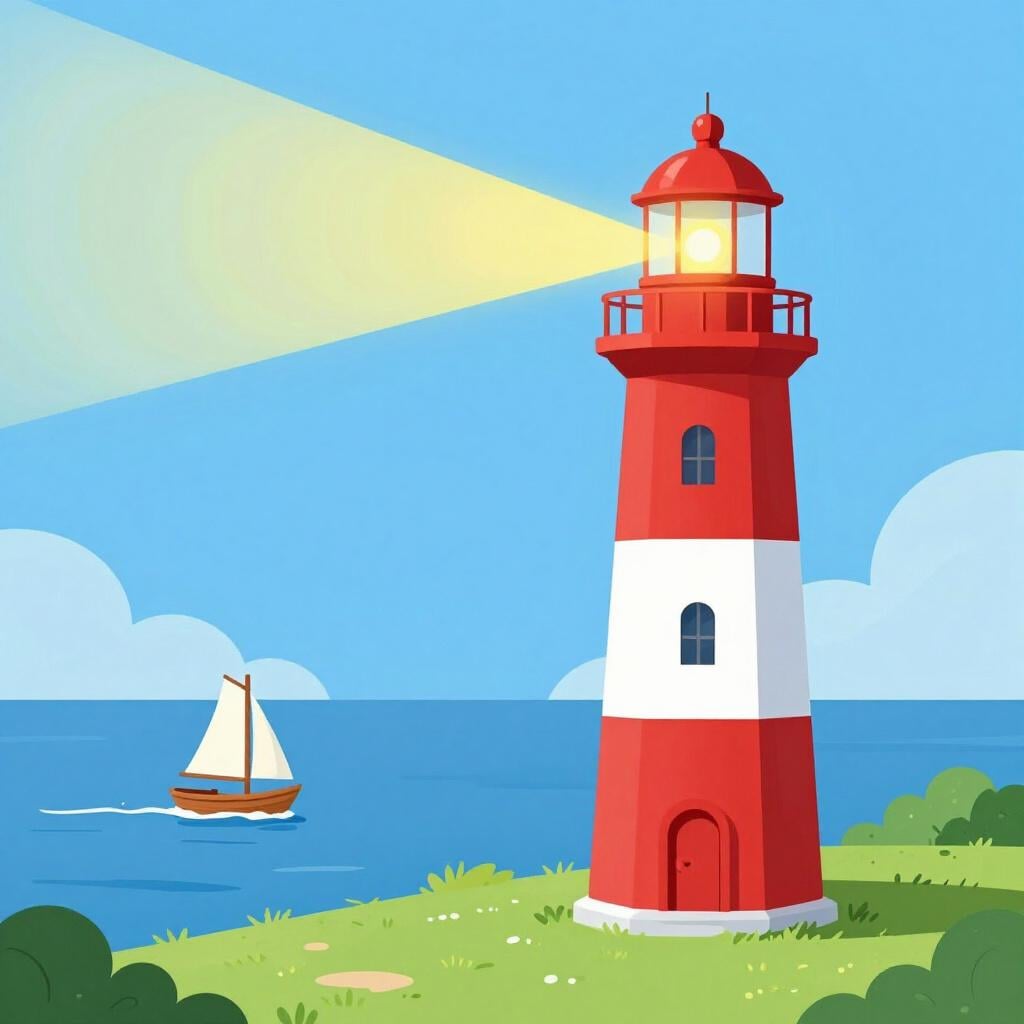 Een heldere vuurtoren op een klif die een lichtstraal werpt over de donkere zee om een klein bootje te leiden.