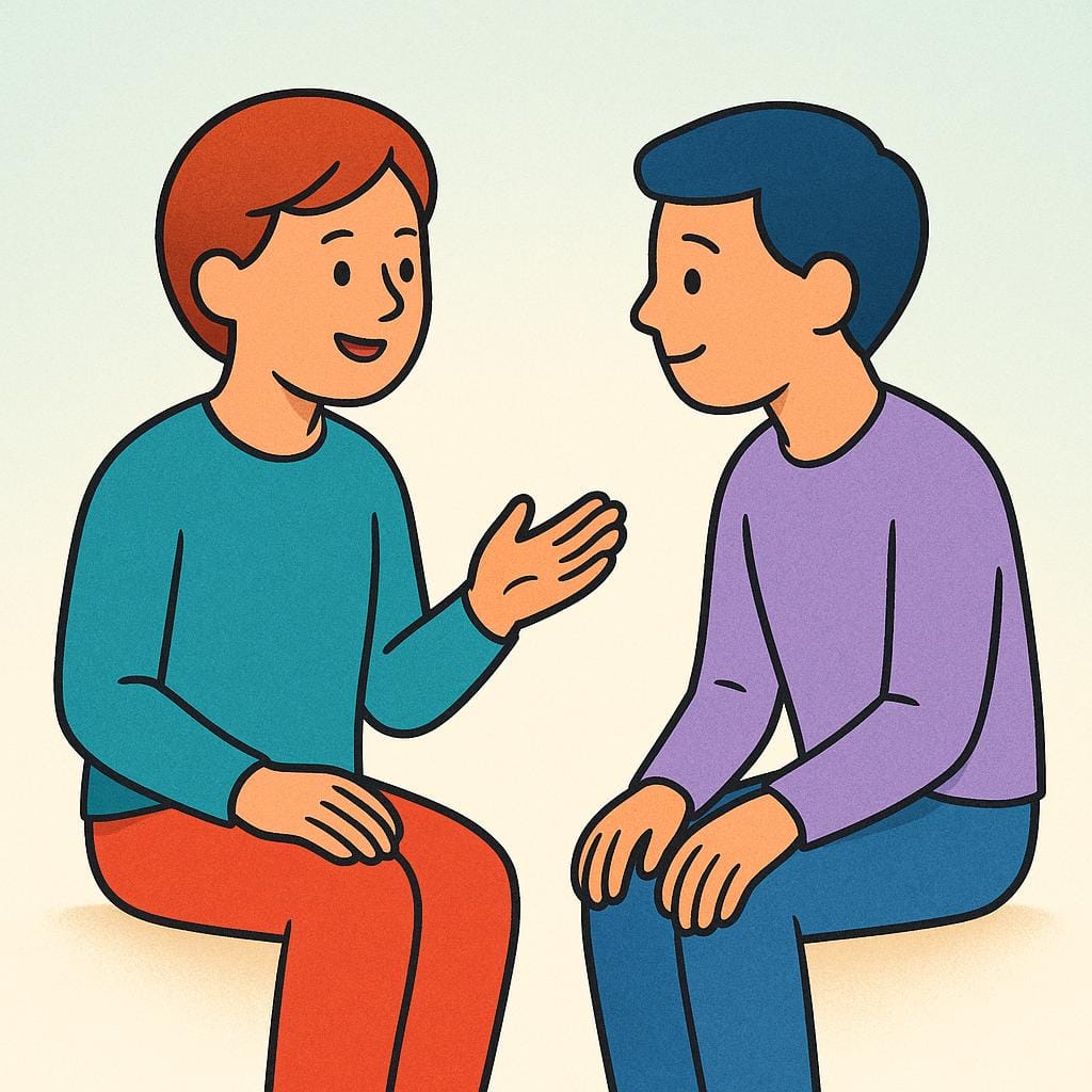 한 사람이 다른 사람에게 주의 깊게 듣는 사람에게 말하는 모습을 묘사한 단순하고 다채로운 삽화.
