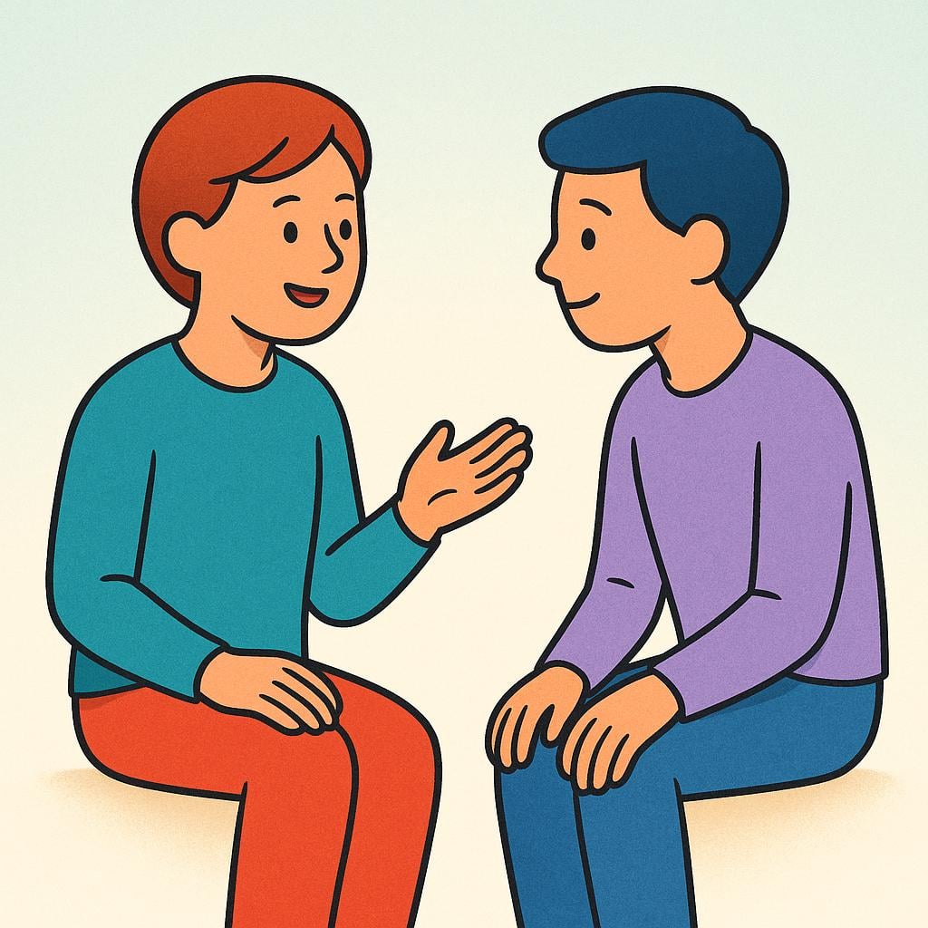 A simple colorful illustration depicting one person speaking to another person who is listening closely.