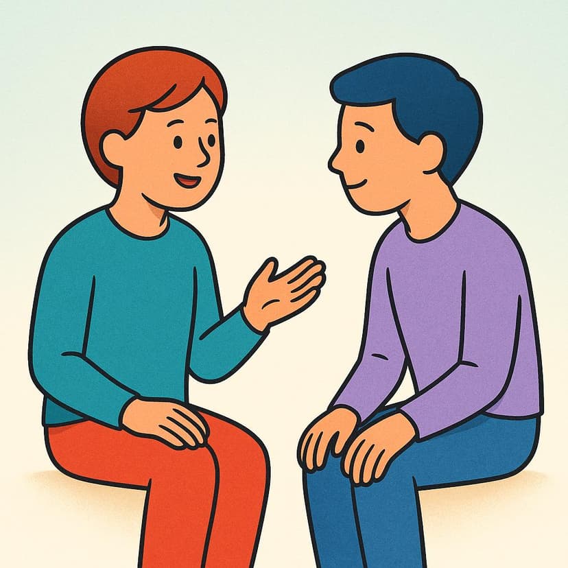 A simple colorful illustration depicting one person speaking to another person who is listening closely.
