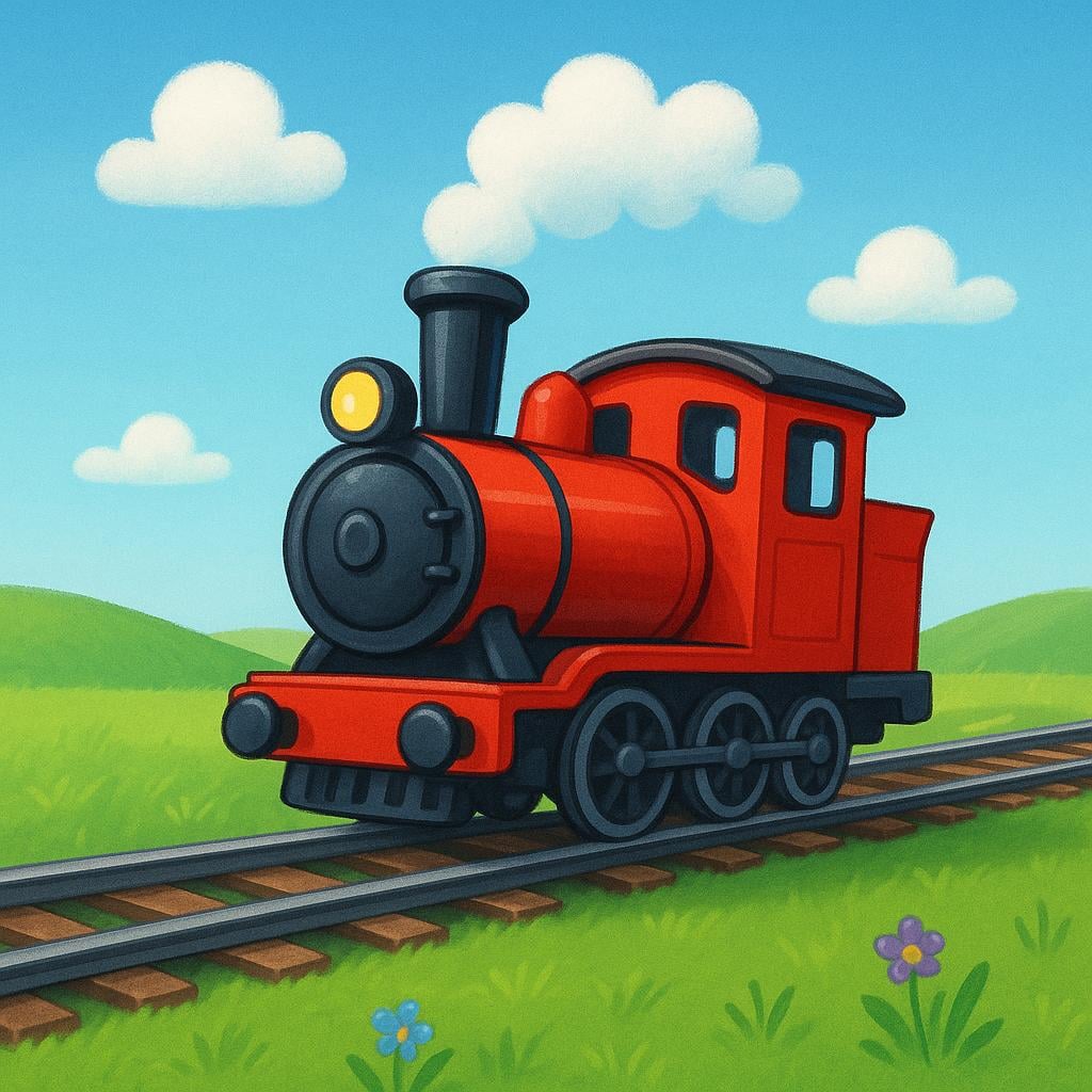 A long train traveling along a metal track that stretches into the distance across a green landscape.