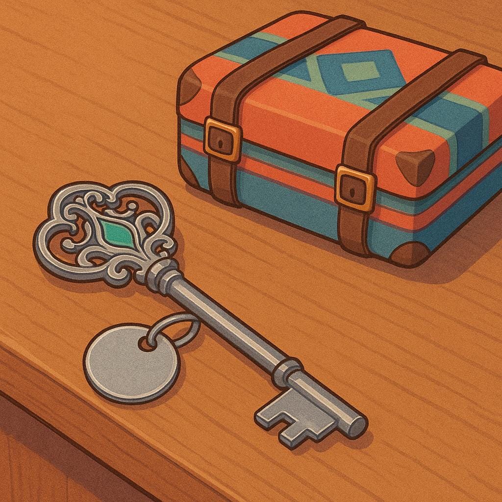 Una singola chiave ornamentale di una camera d'albergo appoggiata su un bancone di legno accanto a una piccola valigia da viaggio ordinatamente imballata, che simboleggia una prenotazione confermata.