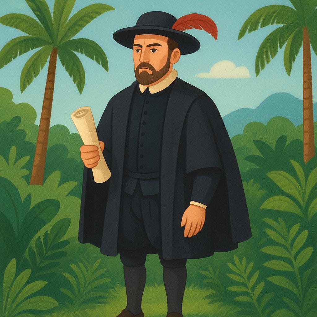 A historically dressed colonial governor wearing a feathered hat and dark cloak, holding a scroll in a lush, tropical setting.