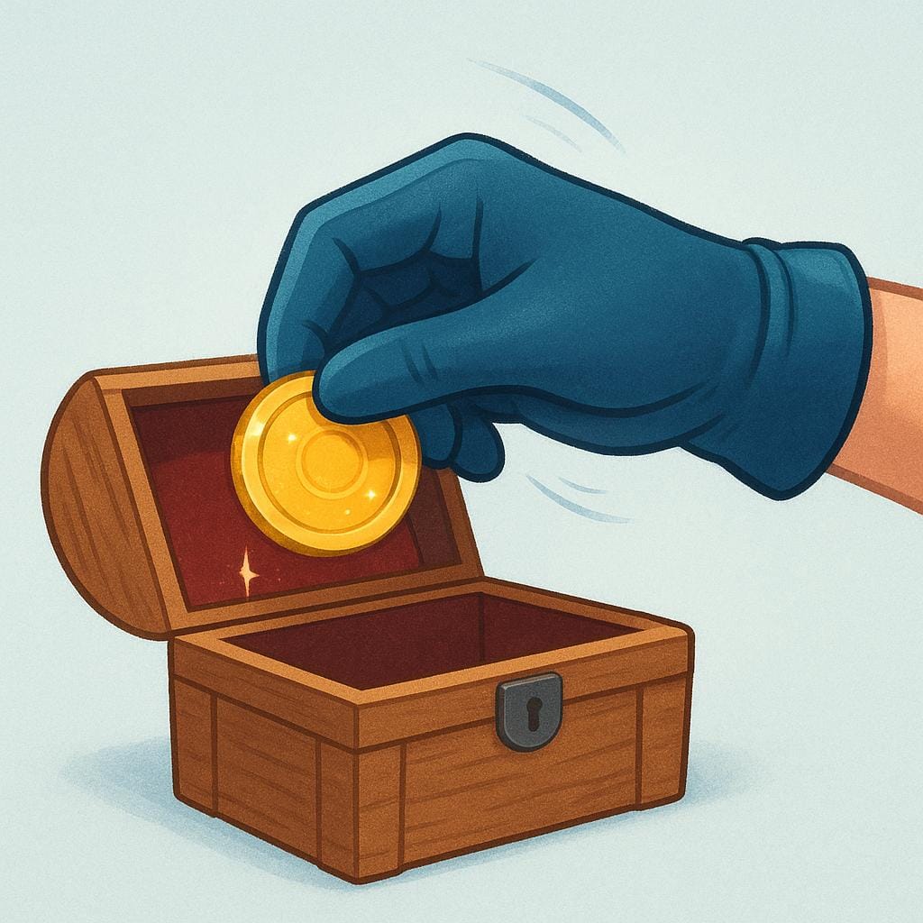 A close-up view of a hand wearing a dark glove reaching into a small open wooden treasure chest and quickly taking a single shiny gold coin.
