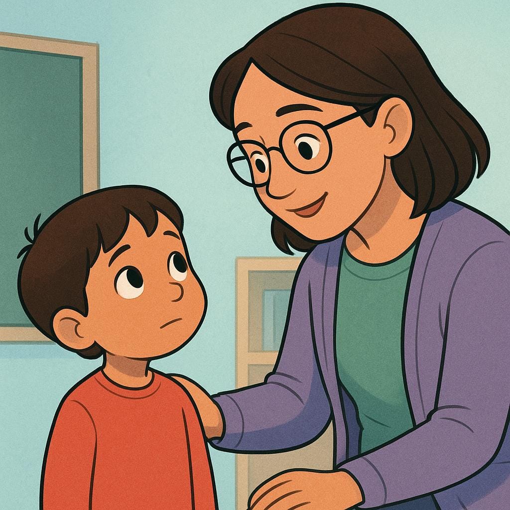 A small child standing next to a tall, friendly teacher, with the child looking up and clearly asking a question to the adult.