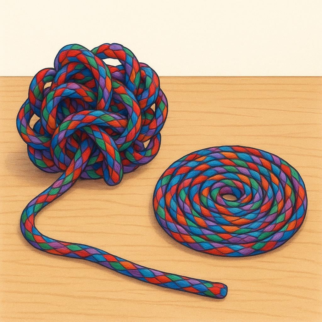 A tangled knot of ropes next to a perfectly straight, neatly coiled piece of rope, symbolizing the solution to a problem.