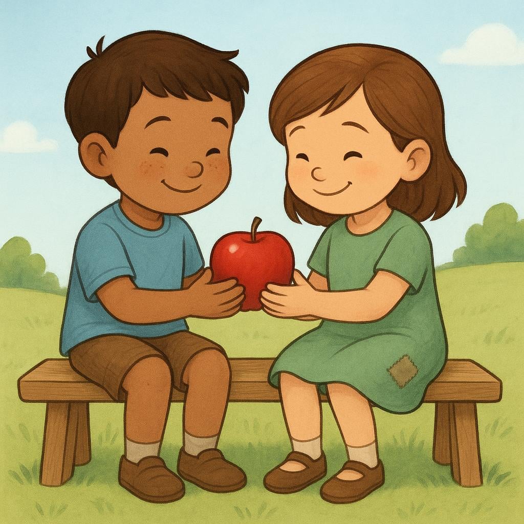 Two young children, a boy and a girl, sitting side-by-side on a simple wooden bench. They are both wearing simple, slightly patched clothes and smiling while sharing a single, bright red apple.