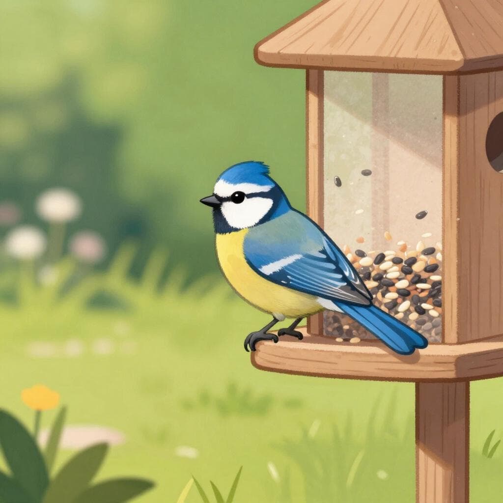 A small bird eating from a bird feeder in a garden.