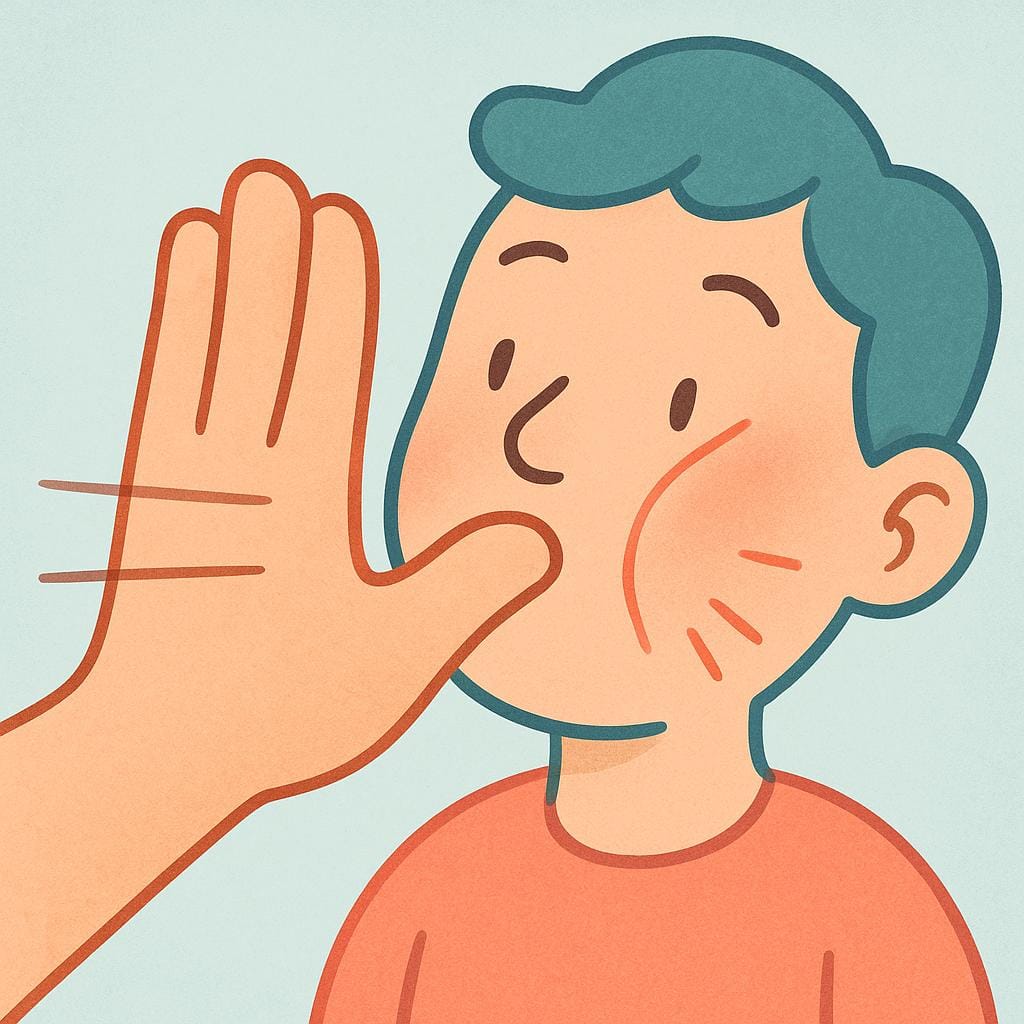 A cartoon depiction of a large open hand quickly making contact with a stylized human cheek, emphasizing the motion of a slap.