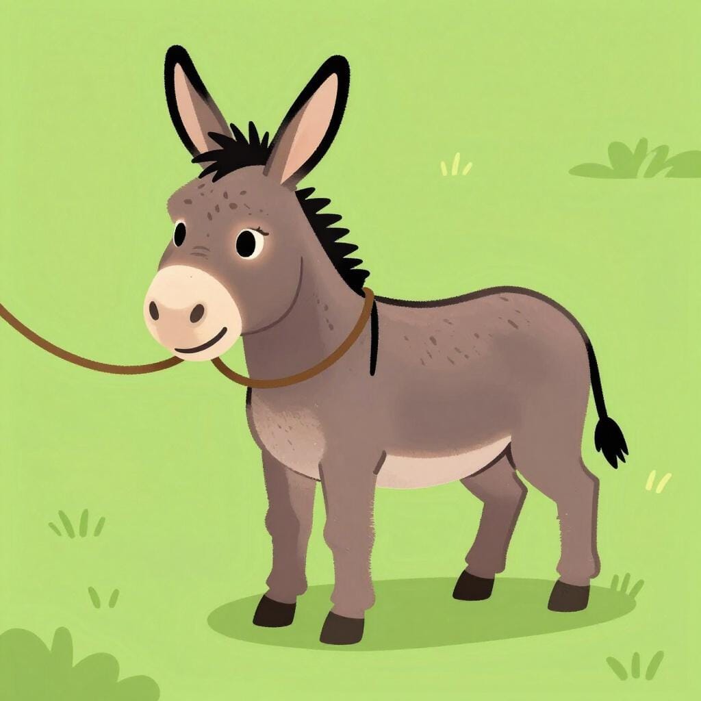 A donkey standing firmly with its legs planted in the ground, resisting a person pulling on its rope.