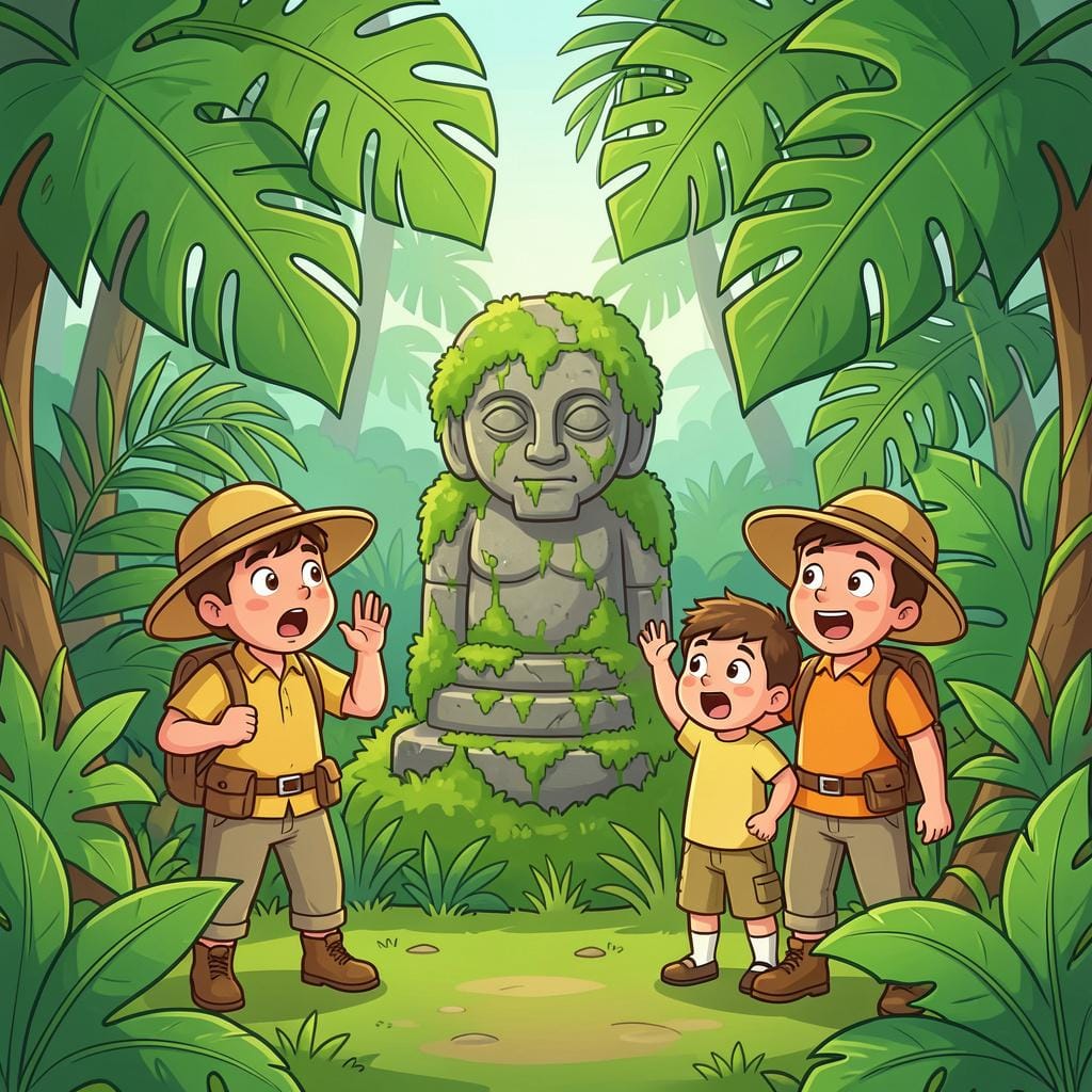 A group of explorers in a jungle looking at a hidden ancient stone statue they just found.
