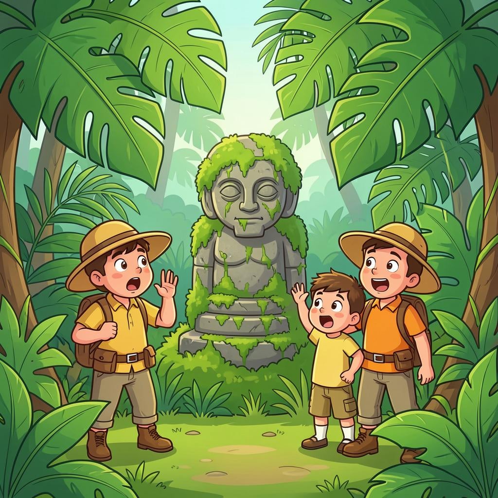 A group of explorers in a jungle looking at a hidden ancient stone statue they just found.