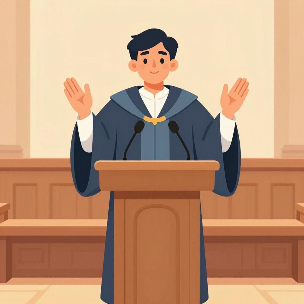 Uma pessoa amigável em pé atrás de um pódio de madeira, gesticulando com as mãos abertas como se estivesse falando para uma audiência.