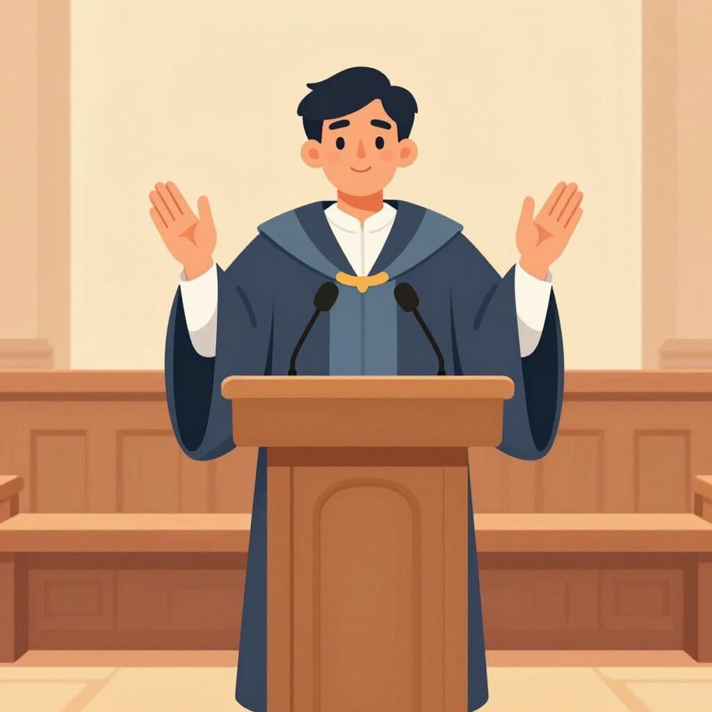 Une personne amicale debout derrière un podium en bois, faisant des gestes avec les mains ouvertes comme si elle parlait à un public.