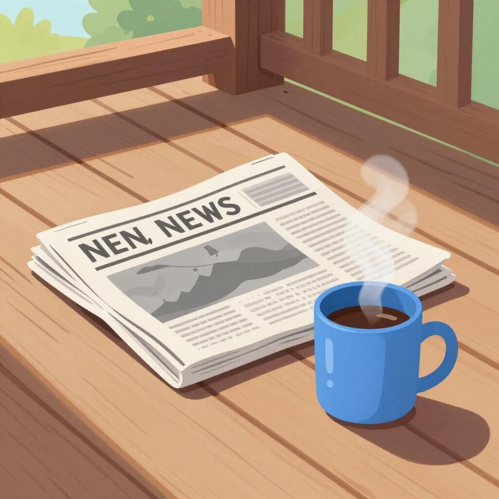 Eine gefaltete Zeitung liegt auf einer Holzveranda neben einer dampfenden Tasse.