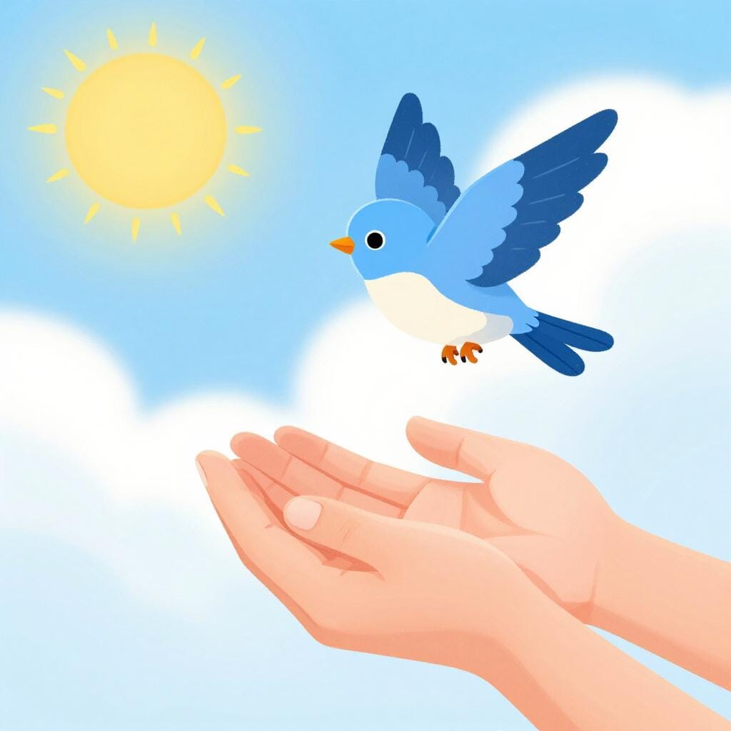 Un oiseau relâché des mains d'une personne et s'envolant dans un ciel bleu.