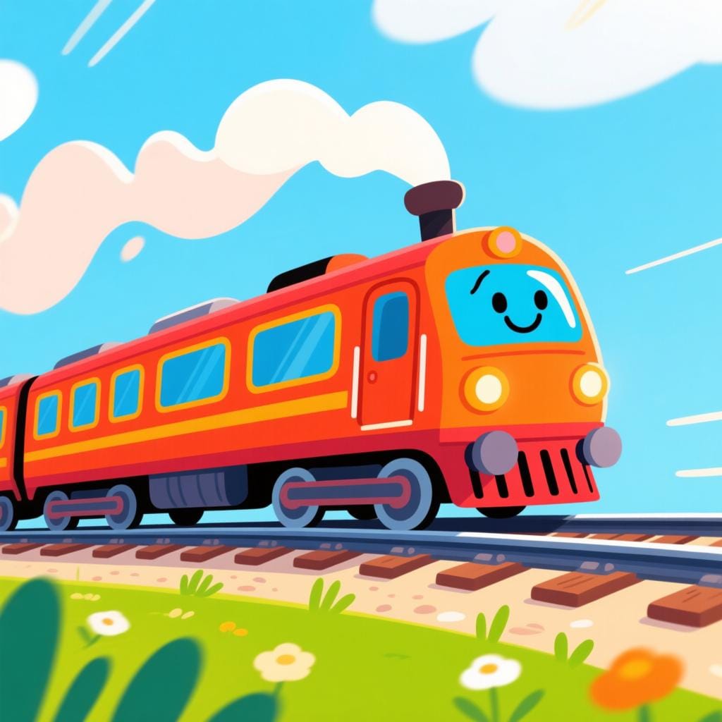 Ein freundlicher, bunter Zeichentrickzug, der auf Schienen fährt und ein 'Transportmittel' darstellt.
