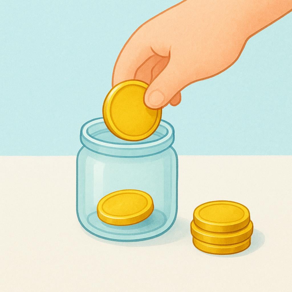 A single shiny gold coin being placed into a small ceramic jar labeled with a heart, away from a pile of other coins.