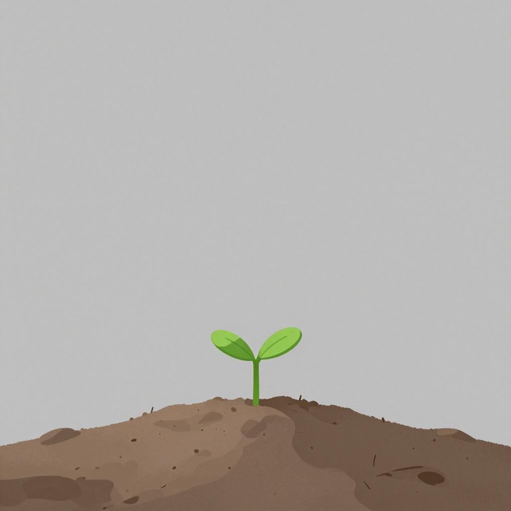 A small green plant sitting alone on a bare, windy hill under a large gray cloud.