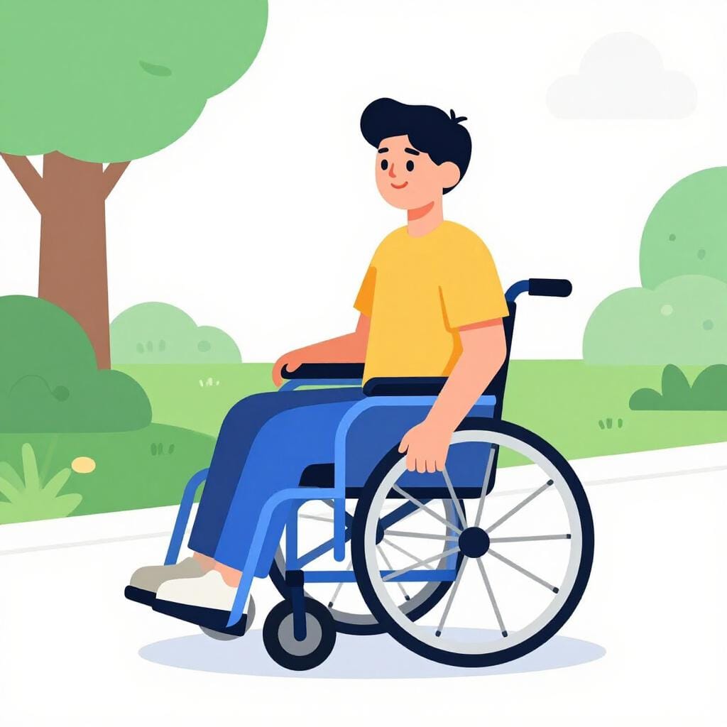 Uma ilustração colorida de uma pessoa usando uma cadeira de rodas azul brilhante, movendo-se para a frente com um sorriso.