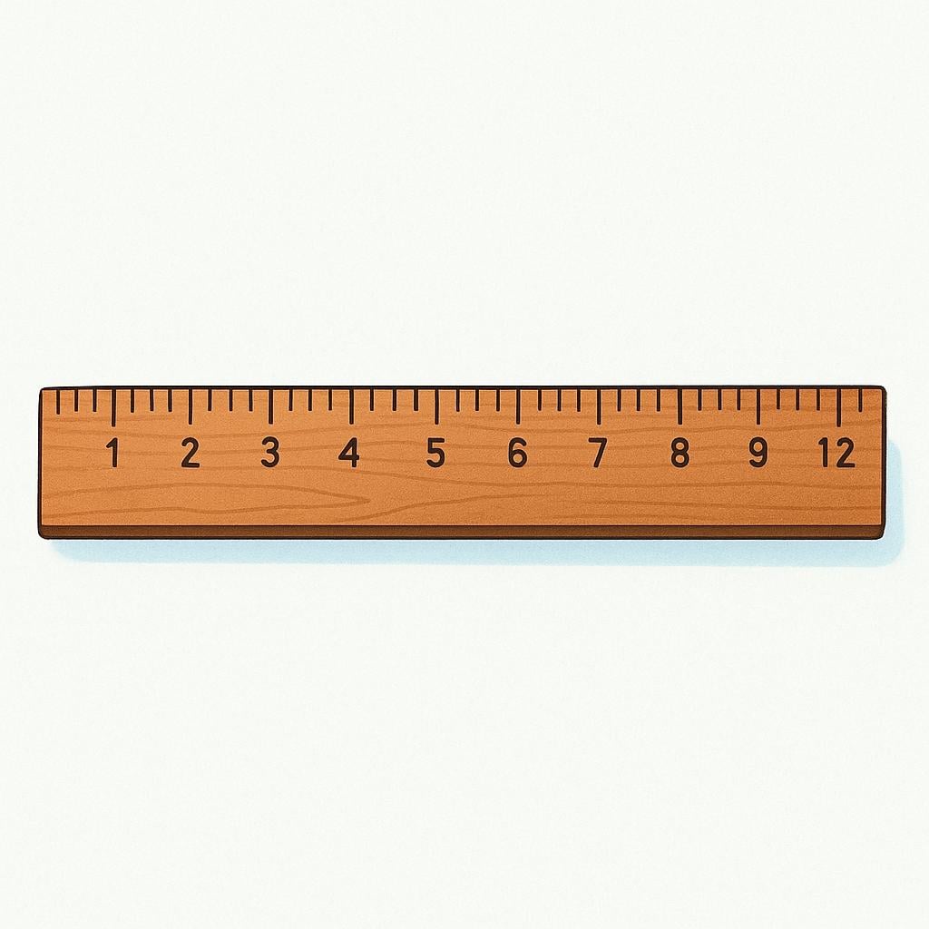 A wooden ruler laying flat on a table, showing its straight edge.