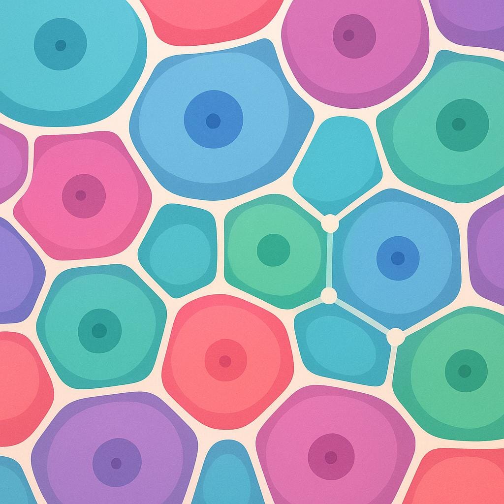 A highly magnified, simplified illustration showing colorful biological cells forming a uniform, interconnected structure, representing tissue.