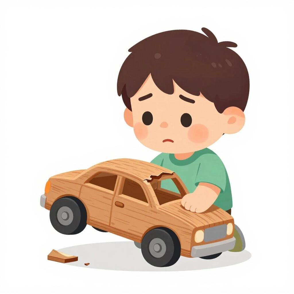 Ein trauriges Kind, das ein kaputtes Holzauto mit fehlendem Rad hält.