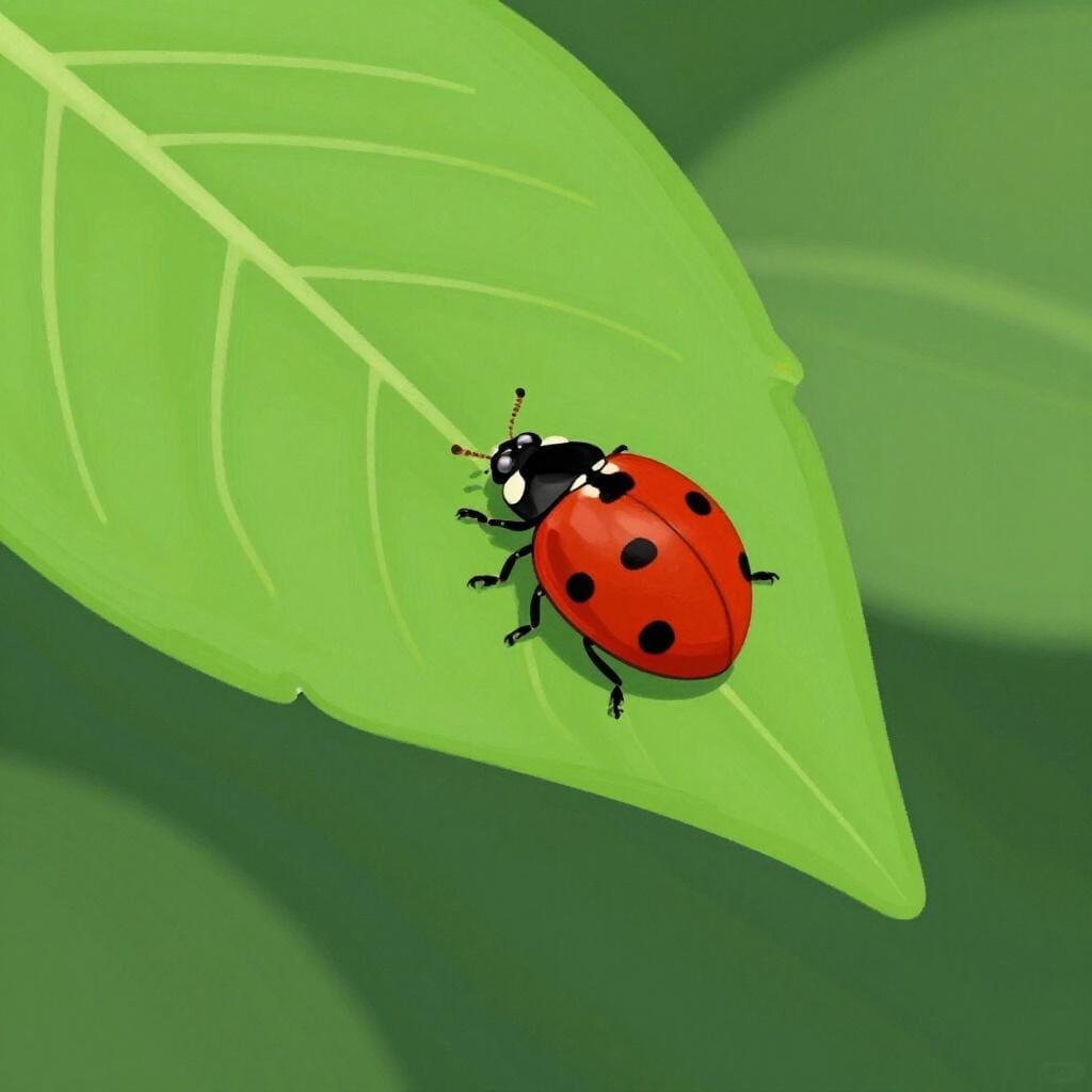 A tiny ladybug sitting on the tip of a giant green leaf.