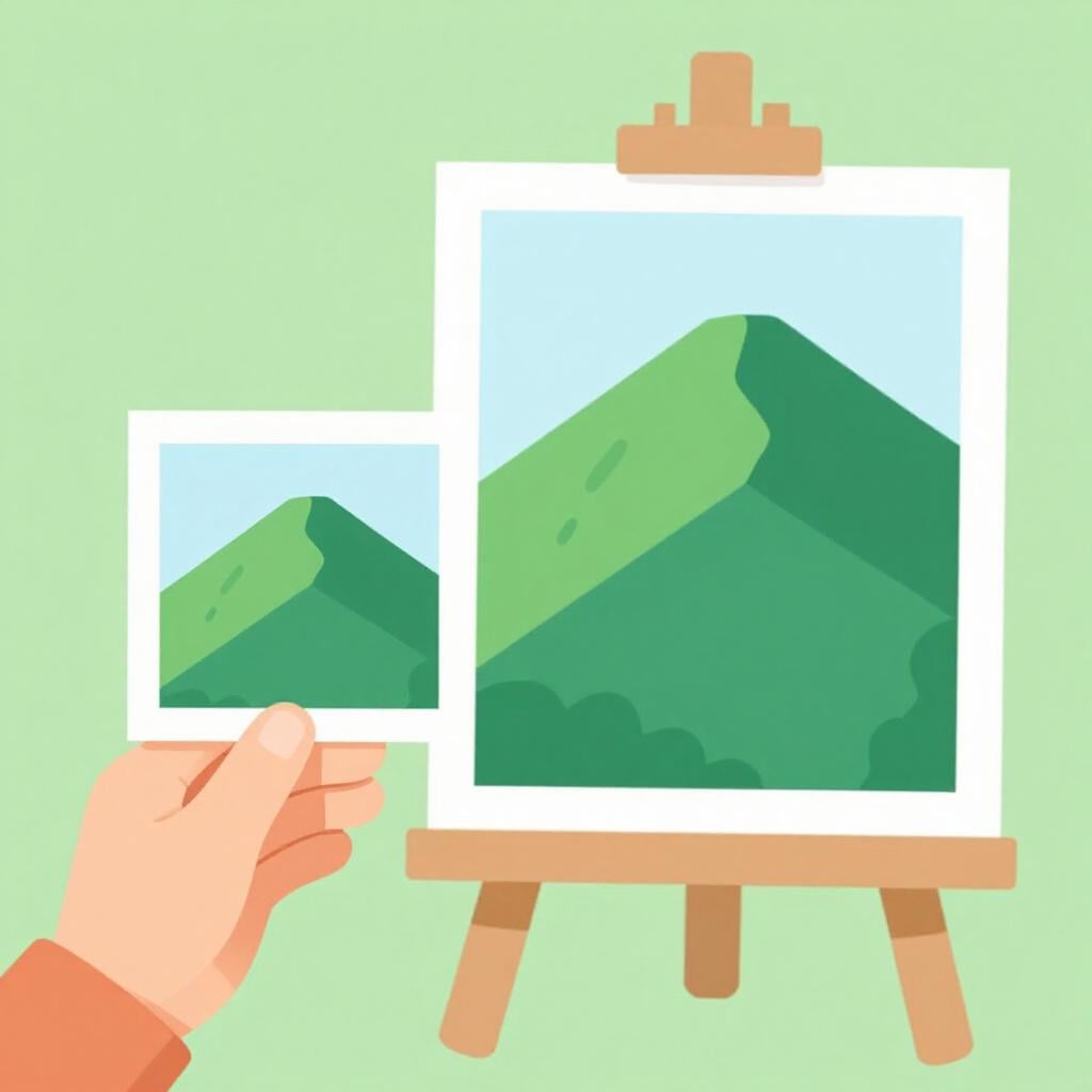 Una piccola fotografia di un paesaggio montano tenuta accanto a una versione molto più grande della stessa fotografia.