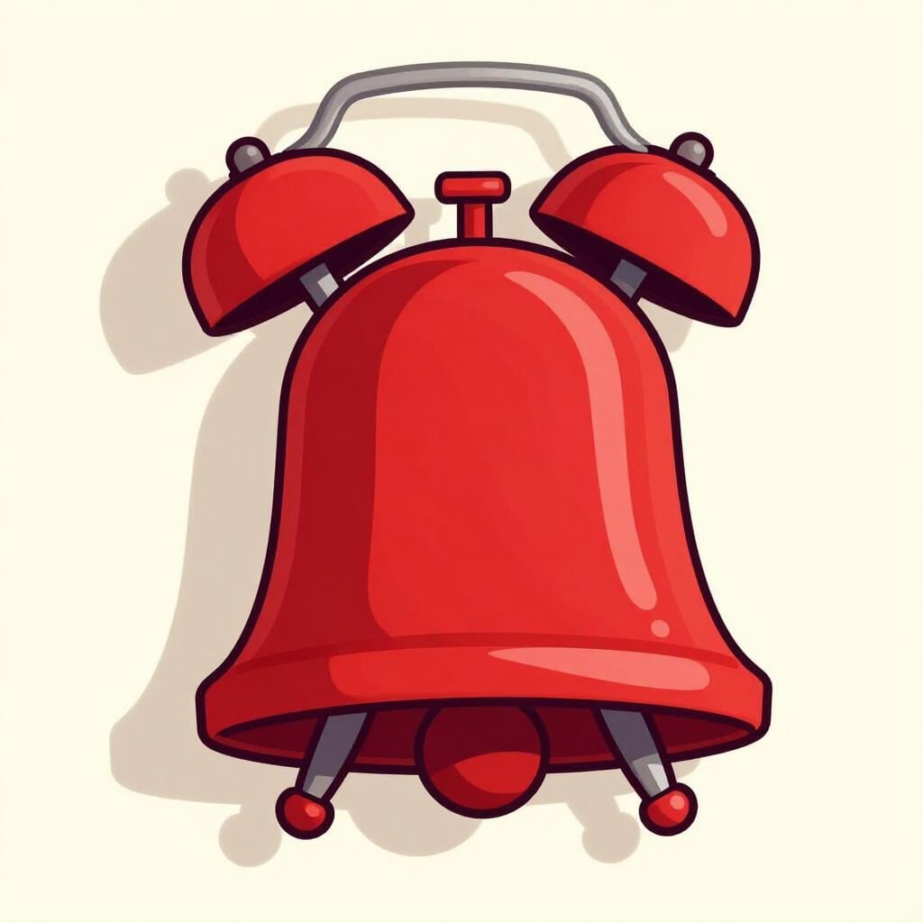 Um sino de alarme vermelho tocando em uma parede com linhas de movimento indicando um senso de urgência.