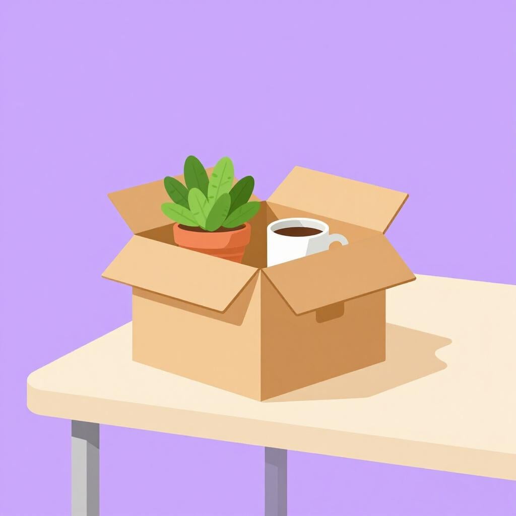 An empty office desk with a cardboard box full of personal items like a plant and a mug.