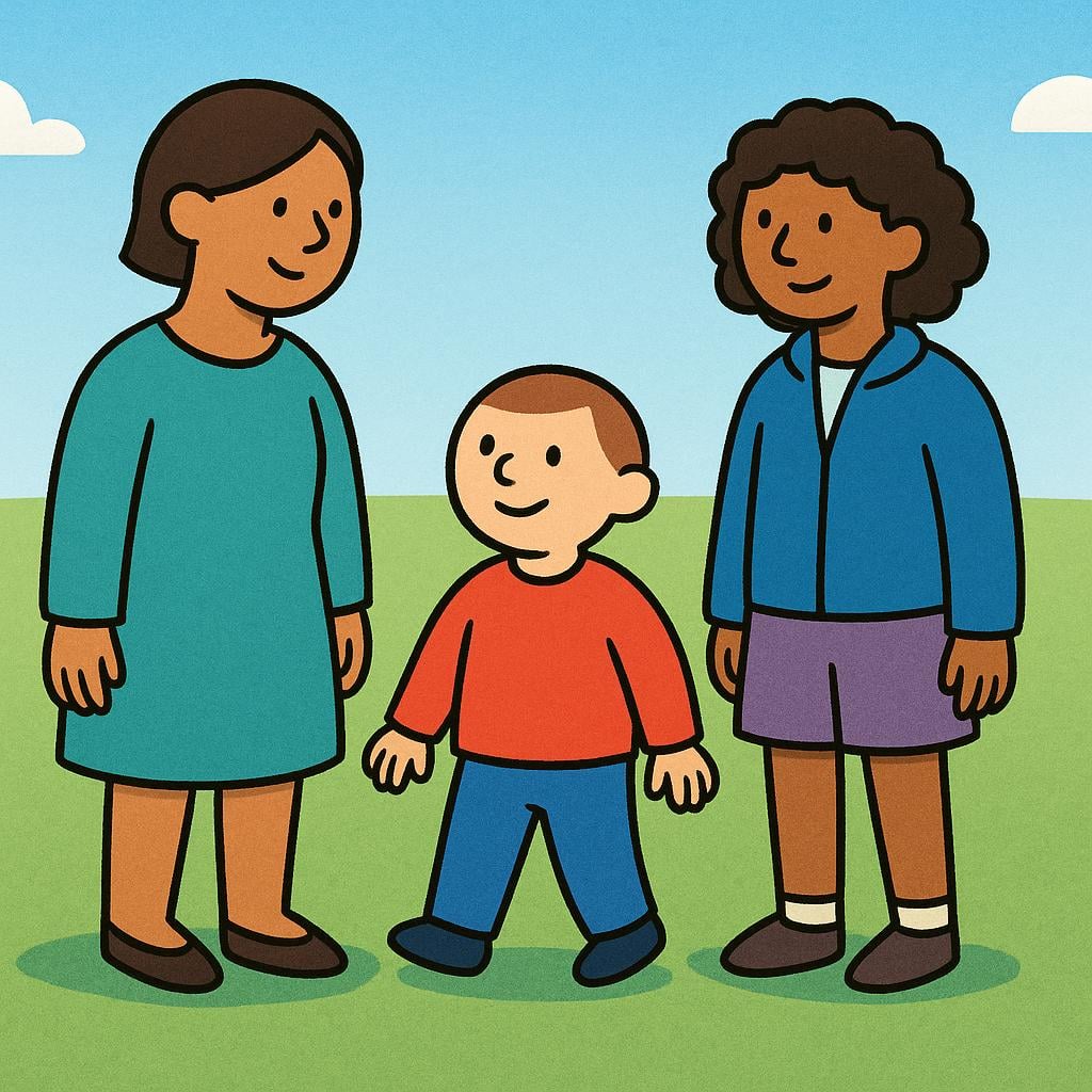 Three simple, stylized human figures standing close together on a vast, otherwise empty green hill, representing a small number of people.