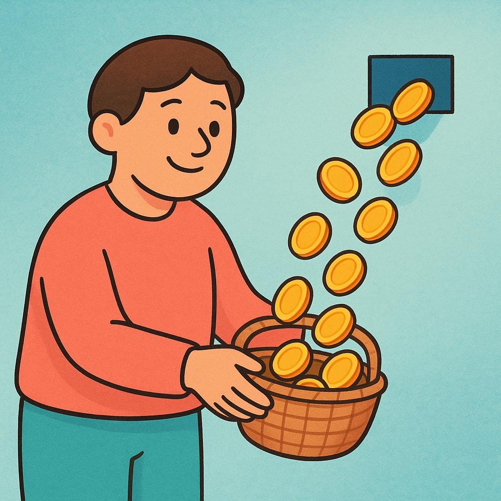A happy person collecting a steady stream of generic gold coins pouring out of a slot into a basket, symbolizing regular income.