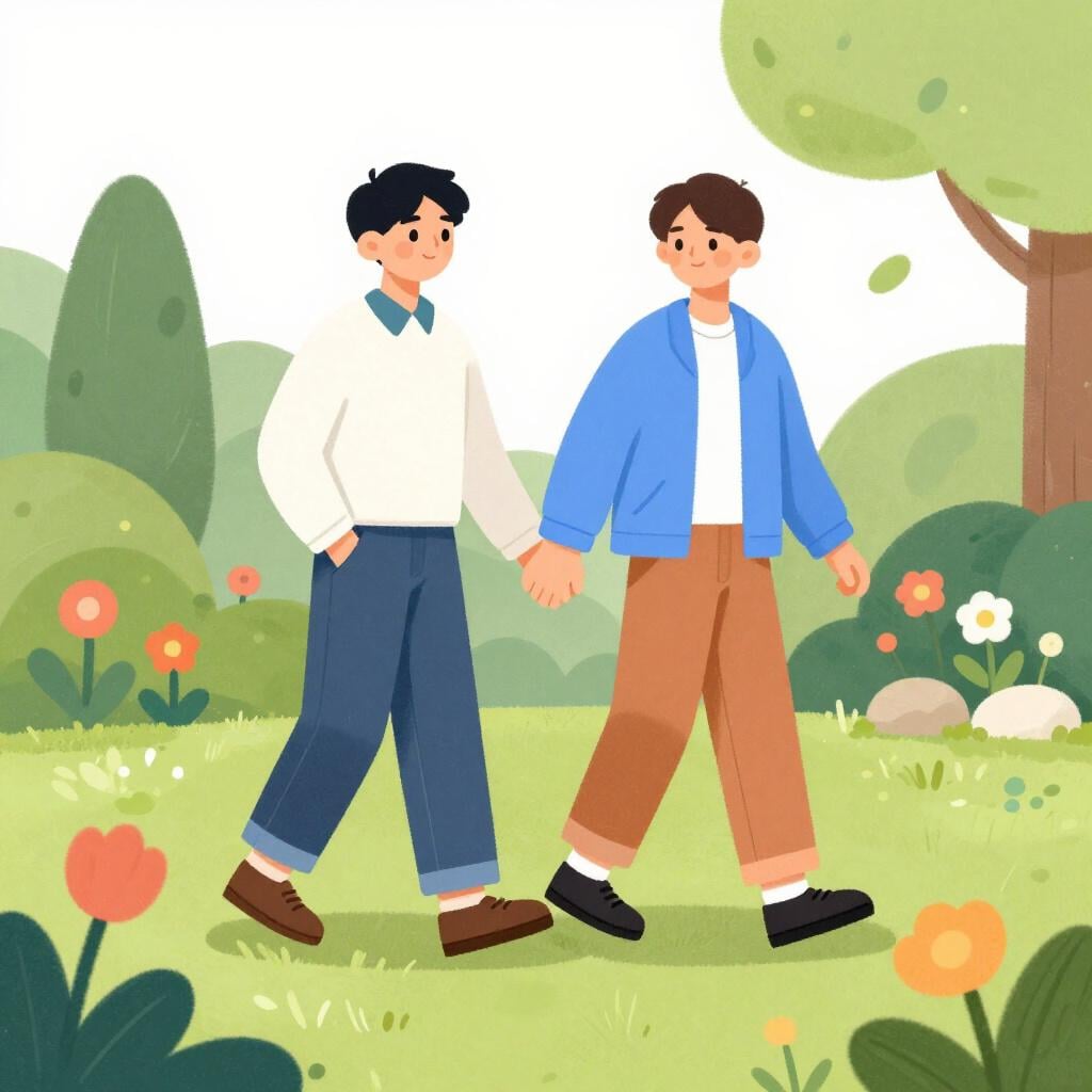 Eine bunte Illustration von zwei Männern, die Händchen haltend durch einen hellen Garten spazieren.