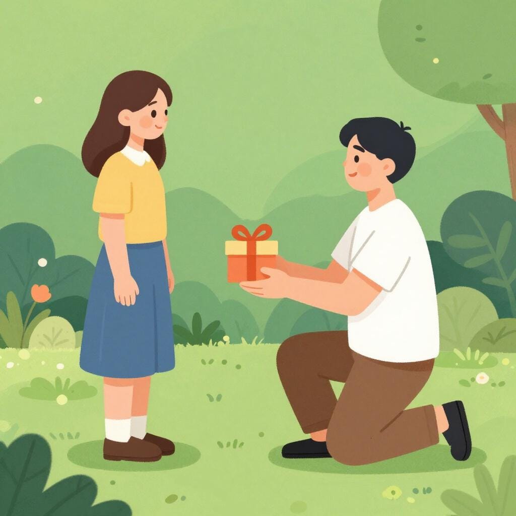 Eine Person kniet und bietet einer anderen Person in einem freundlichen Gartensetting eine kleine, verpackte Geschenkbox an.