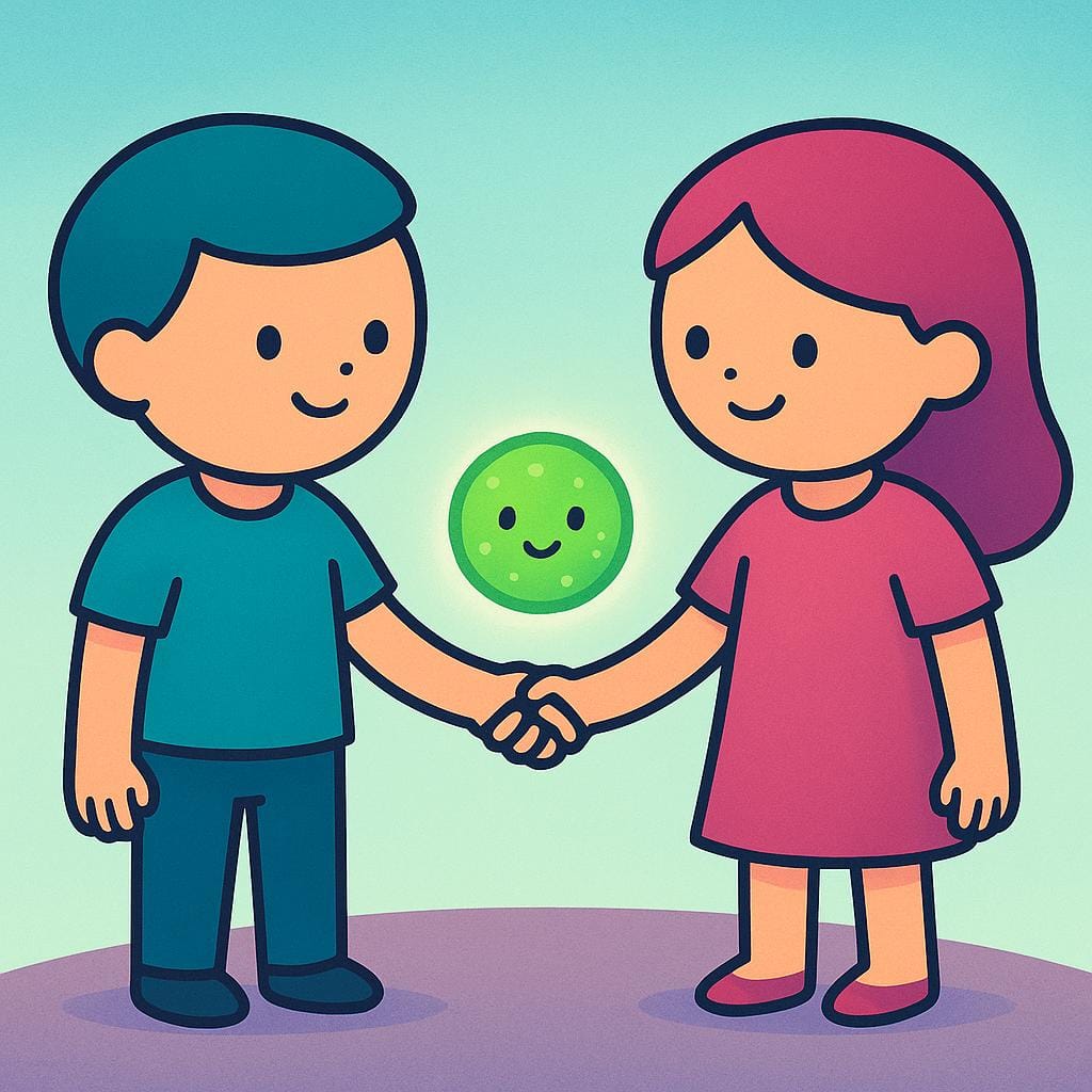 A small, round, green cartoon microbe floating between two friendly cartoon figures, symbolizing transmission.