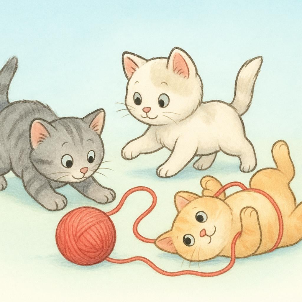 Three fluffy kittens are playing together with a colorful ball of yarn on a bright floor.