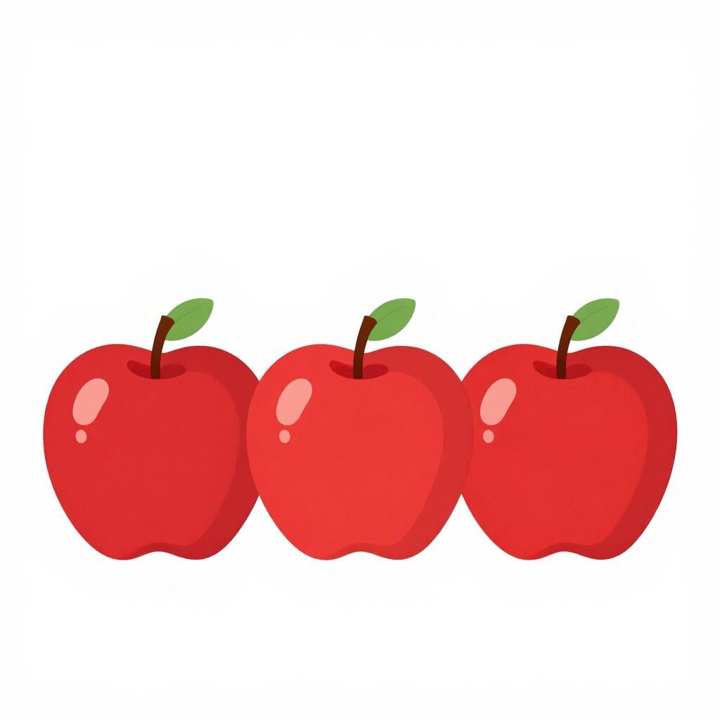 A row of three identical red apples sitting on a clean surface.