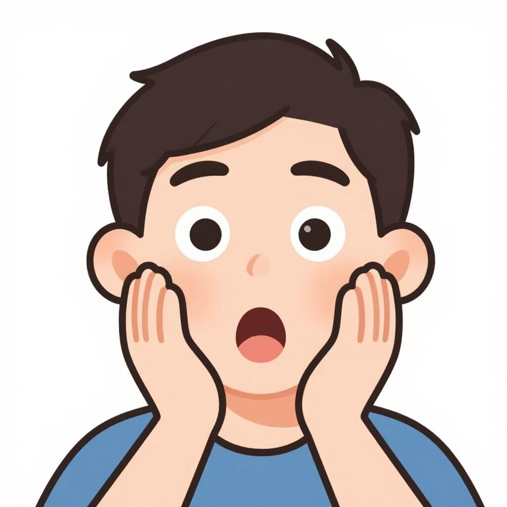 A man with a surprised expression holding his hands to his face.