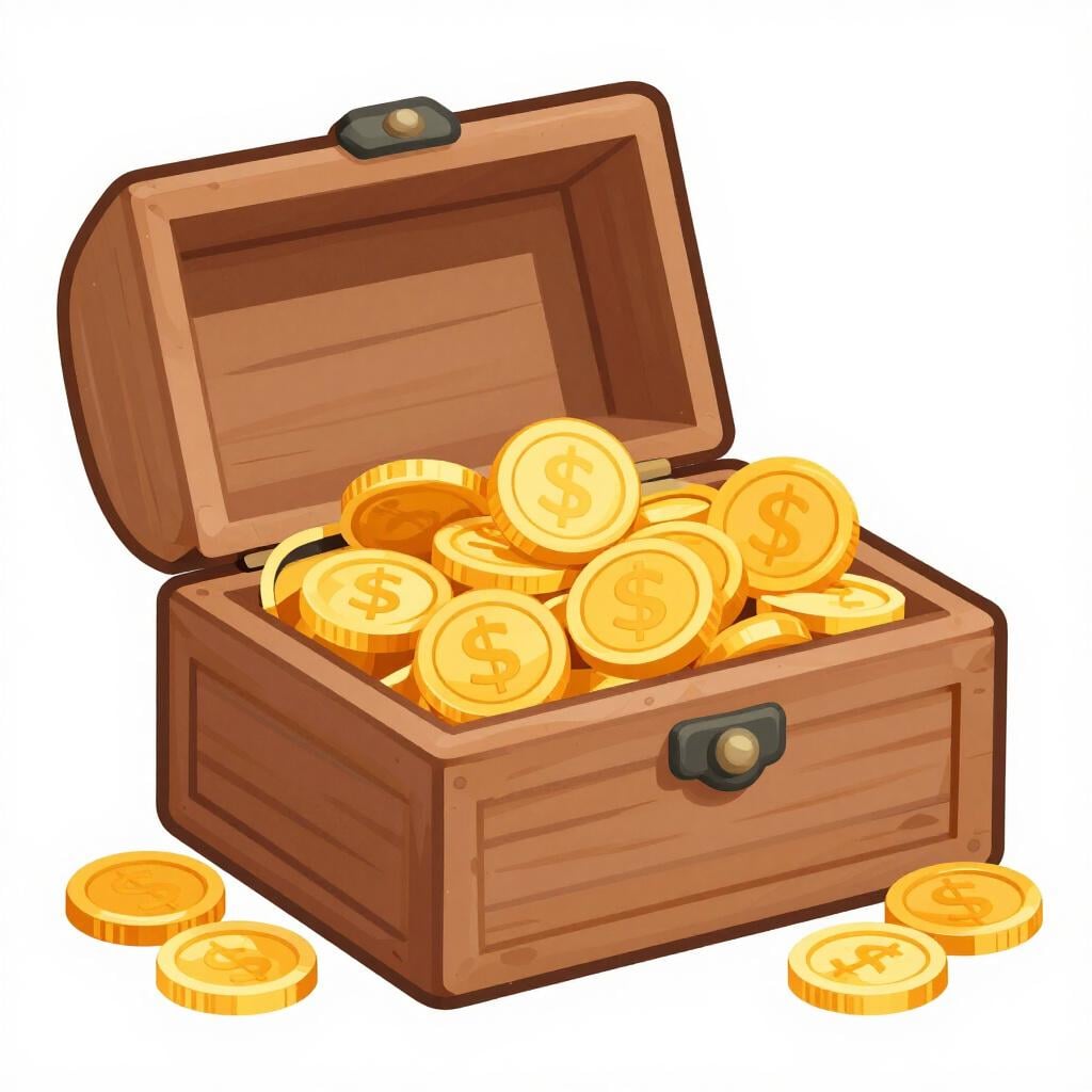 A pile of gold coins and jewelry spilling out of a small ornate wooden box.