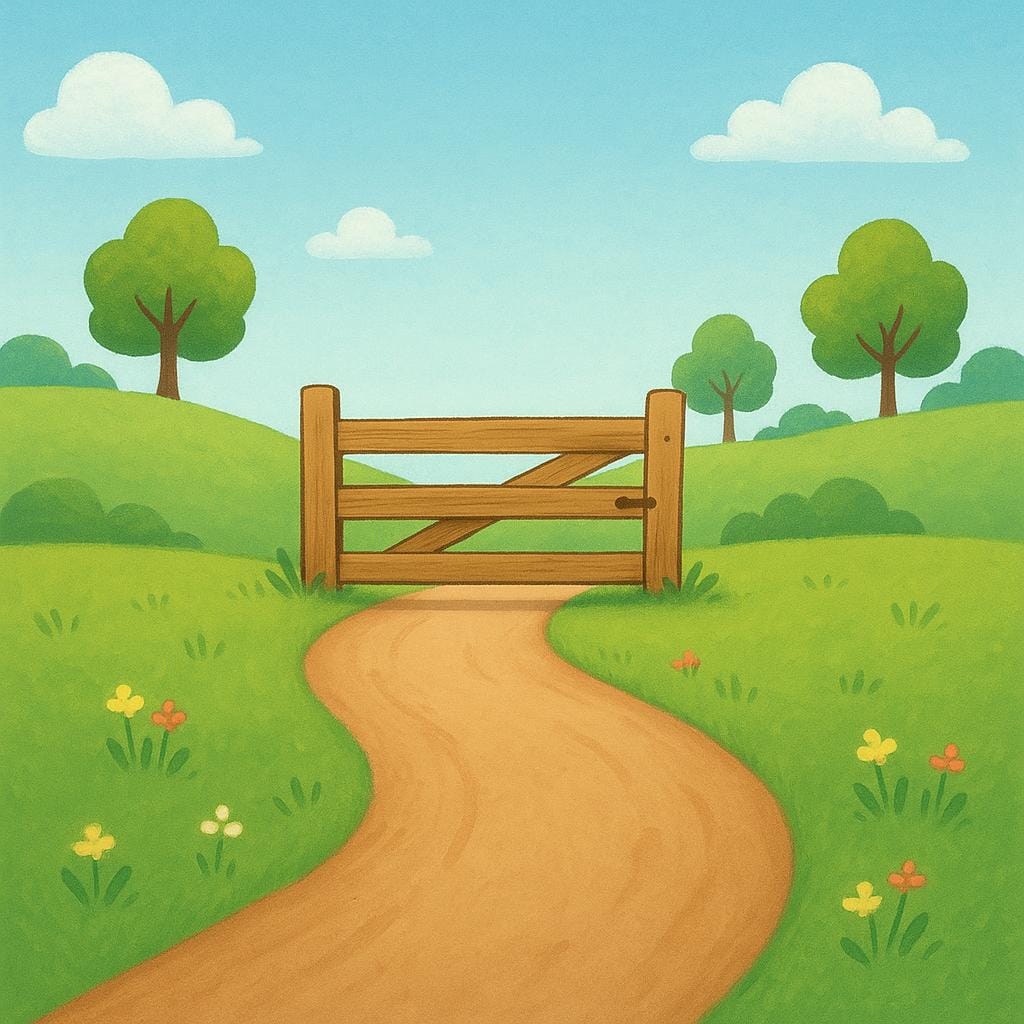 A winding dirt road that terminates abruptly at a tall wooden fence in the middle of a field, marking the physical end of the path.