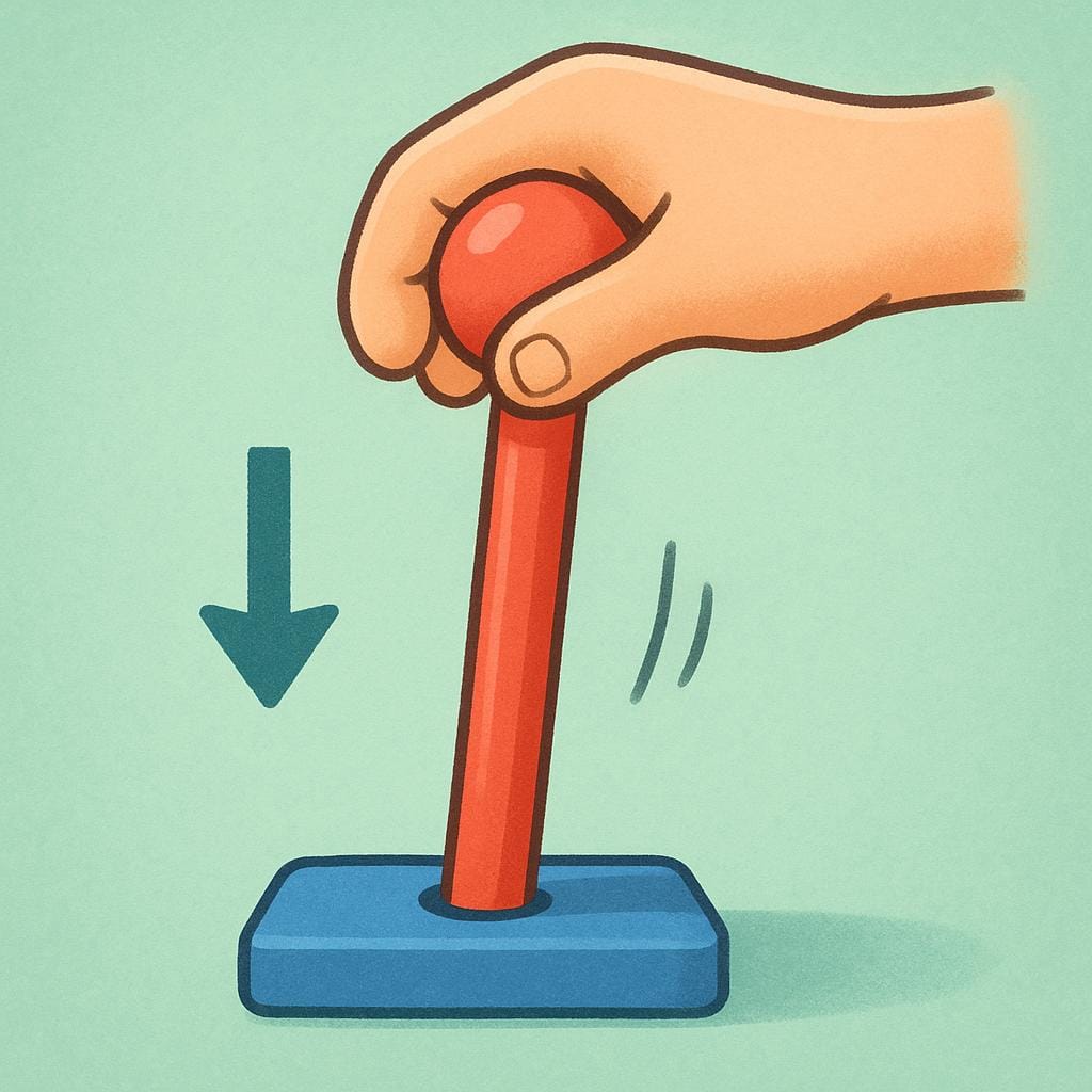 A cartoon hand pushing a large, brightly colored lever downwards.
