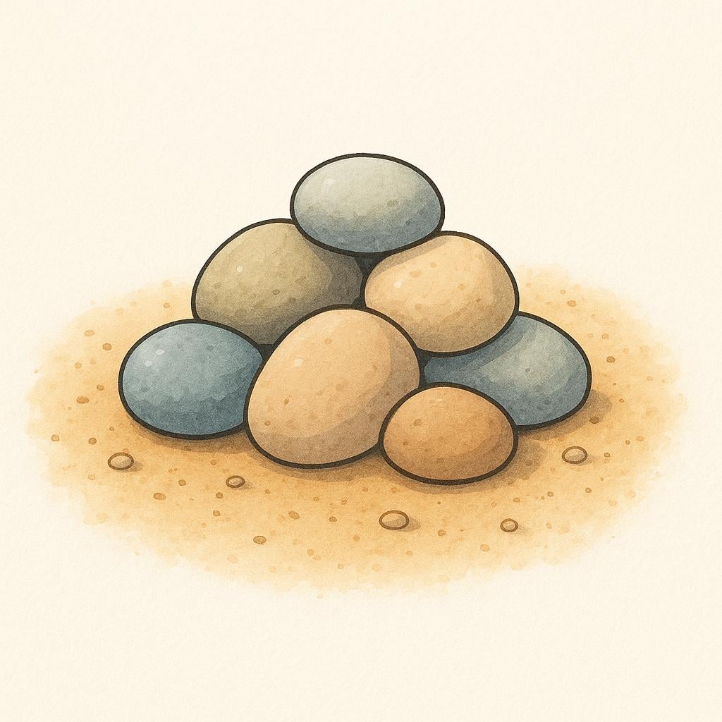 A close-up illustration of a small collection of smooth, naturally colored stones (gray, brown, and white) resting on a patch of light brown soil.