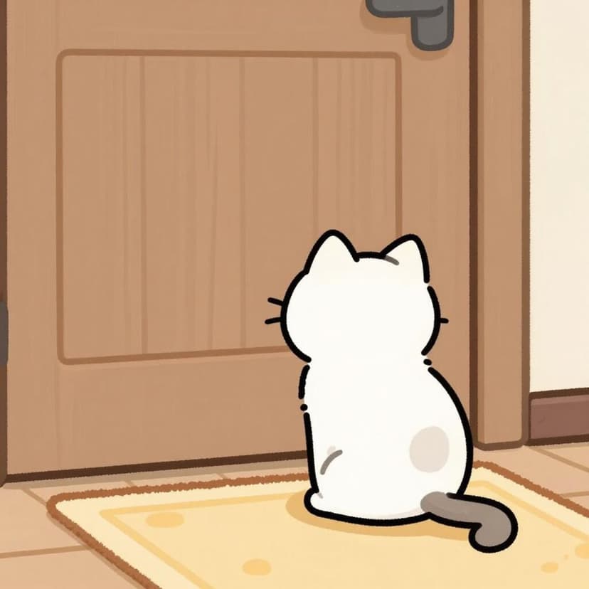 A curious cat pausing and looking toward a closed door as if it senses someone approaching.