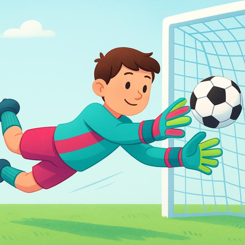 Un gardien de but de football portant des gants et un uniforme coloré plonge pour arrêter un ballon de football devant un filet de but.